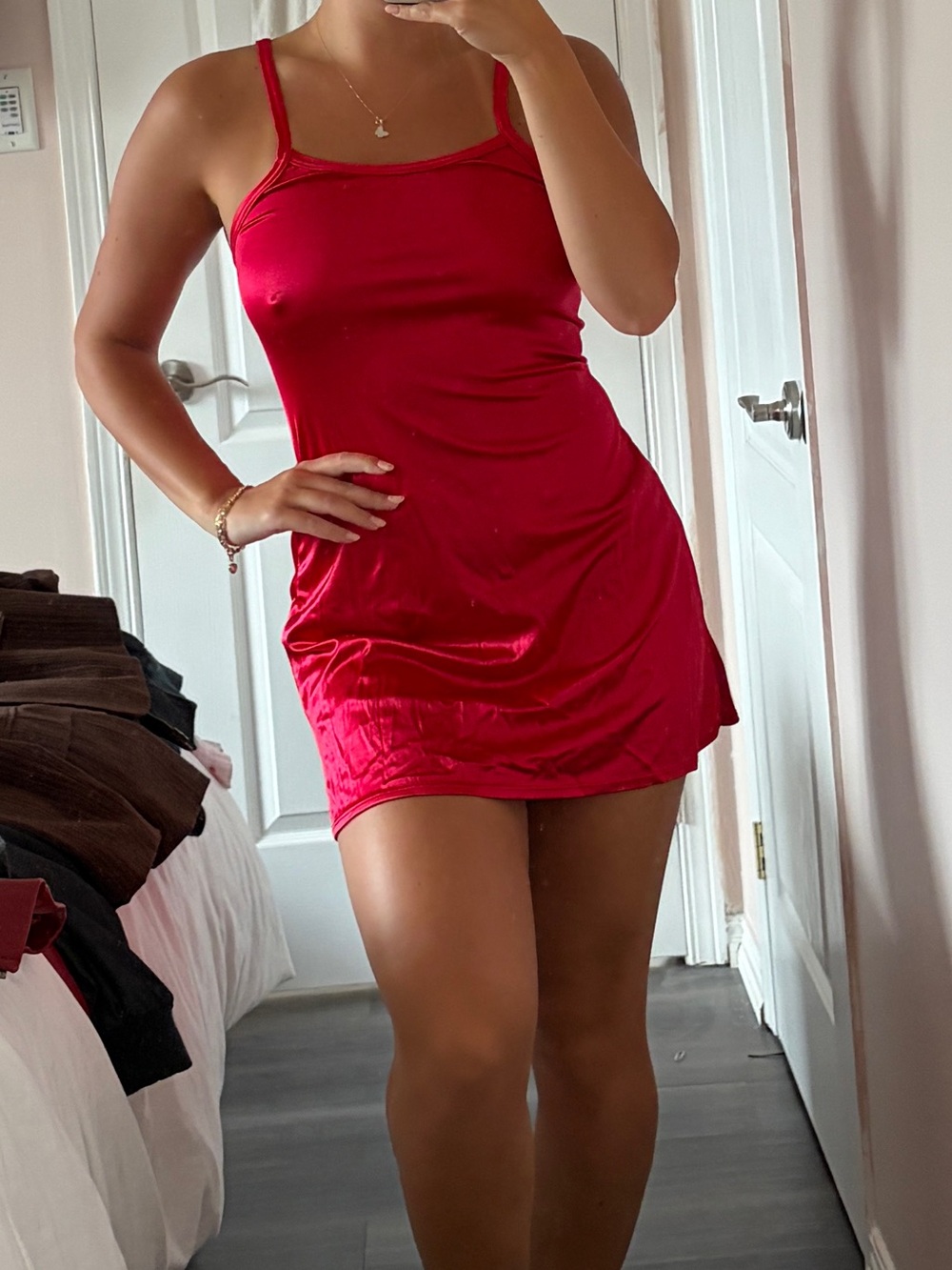 Vintage Red Satin Slip Dress with Spaghetti Straps